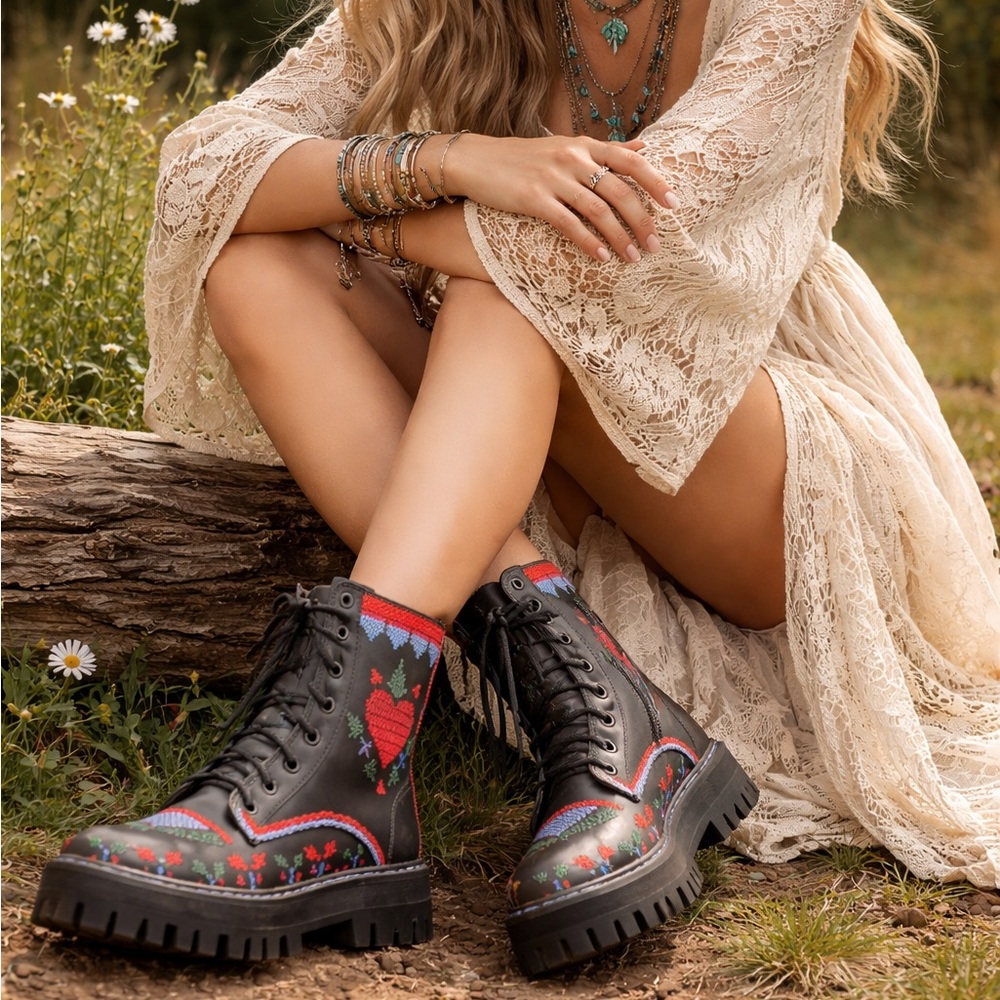 Farm Rio Black Mid Boots Heart Stitched Lace Up